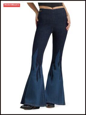High Rise Pull On Bell Bottom Flare Jeans Embroidered Stretch Denim